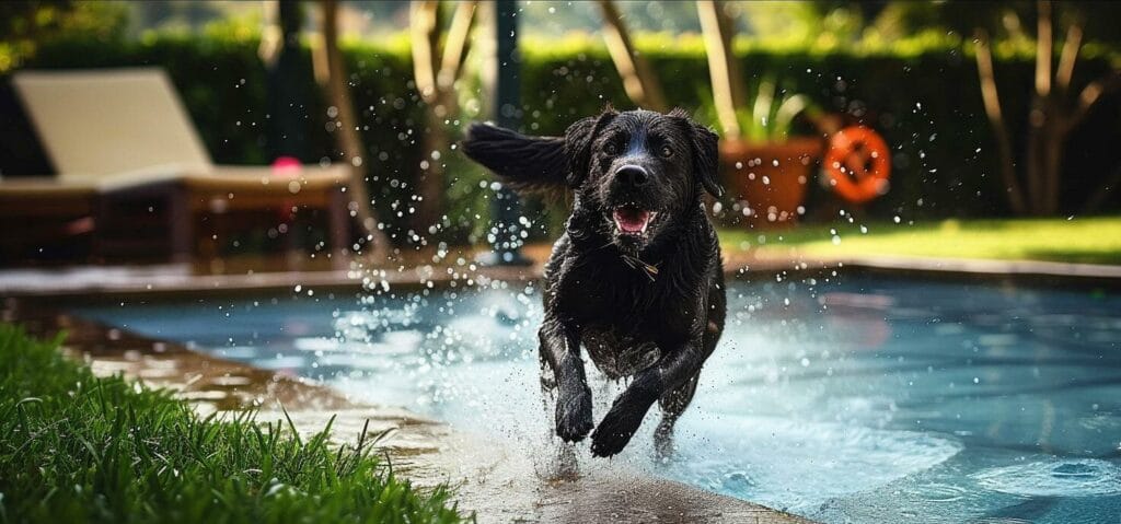 Schwarzer Hund springt voller Freude in einen Pool als Symbol fuer Hunde im Urlaub und eine entspannte Zeit am Zielort