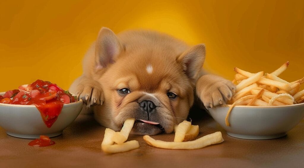 Hundewelpe liegt neben Pommes Frites - Aufklärung über ungesundes und giftiges Essen für Hunde im Futter Dschungel