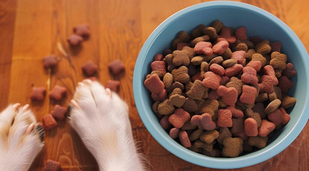 Hundepfoten am Napf mit Trockenfutter - Zutatenliste und Inhaltsstoffe beim Hundefutter Check prüfen
