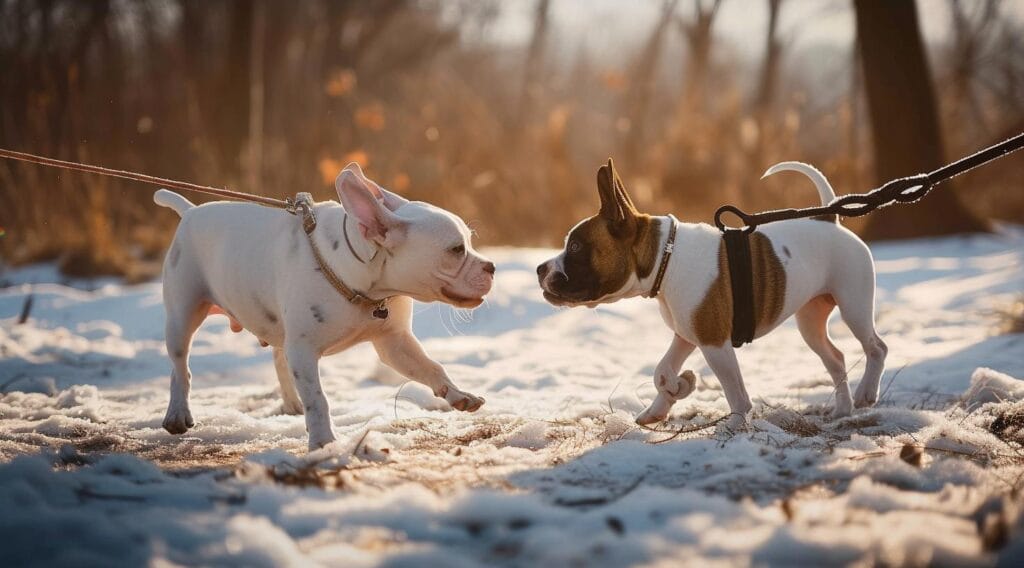 Zwei Hunde begegnen sich an der Leine im Schnee passend zum Training der 3 Saeulen fuer entspannte Hundebegegnungen und lockere Leinen