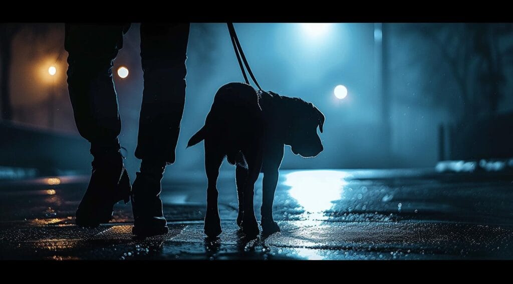 Mensch und Hund gehen sicher nachts im Dunkeln spazieren - Schutz vor Gefahren