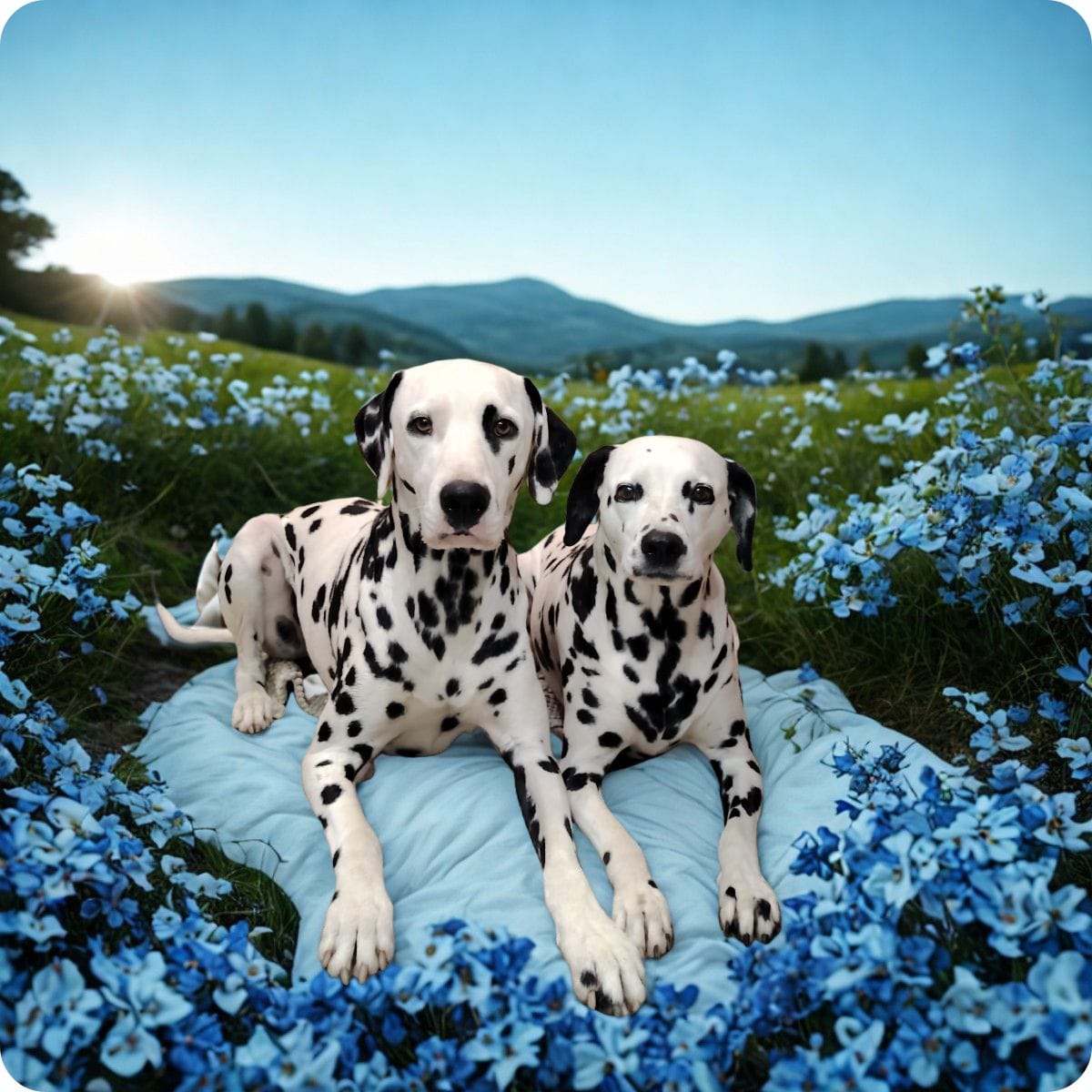 Zwei Dalmatiner liegen entspannt auf einem Kissen in einer Blumenwiese passend zu Jinas Tipp ueber das Schlafkissen fuer den Hundeurlaub