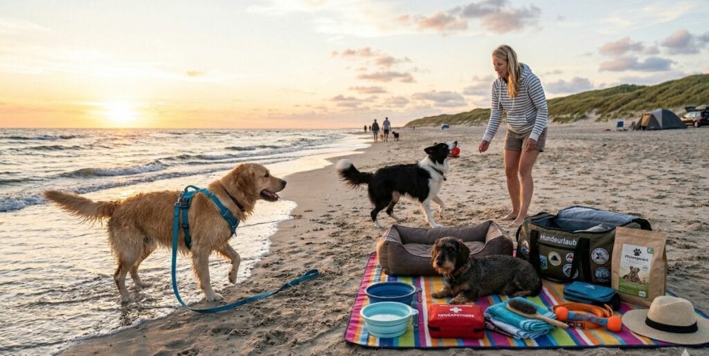 Hunde spielen am Strand neben einer gepackten Decke mit Reiseapotheke und Naepfen passend zur ultimativen Packliste fuer den Hundeurlaub
