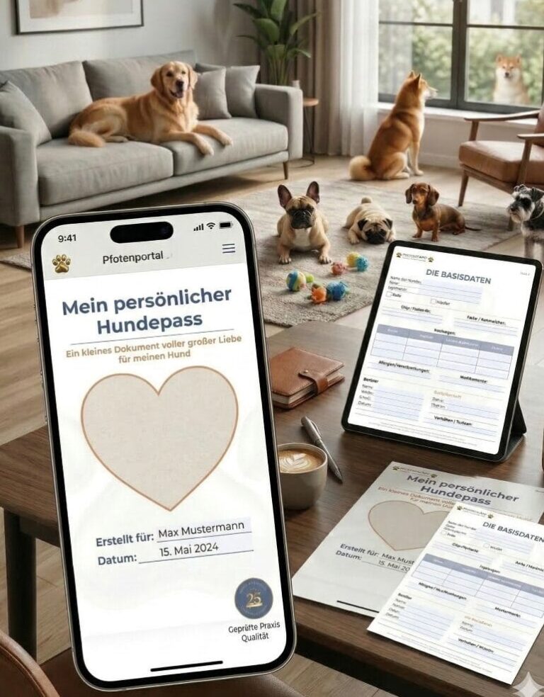 Digitaler und ausgedruckter Gratis Hundepass von Pfotenportal auf einem Wohnzimmertisch waehrend im Hintergrund verschiedene Hunde entspannen