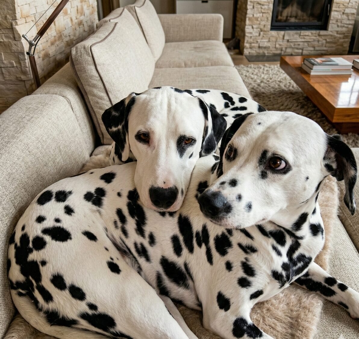 Dalmatiner Buddy und Jina entspannen sicher auf der Couch im hundesicheren Zuhause