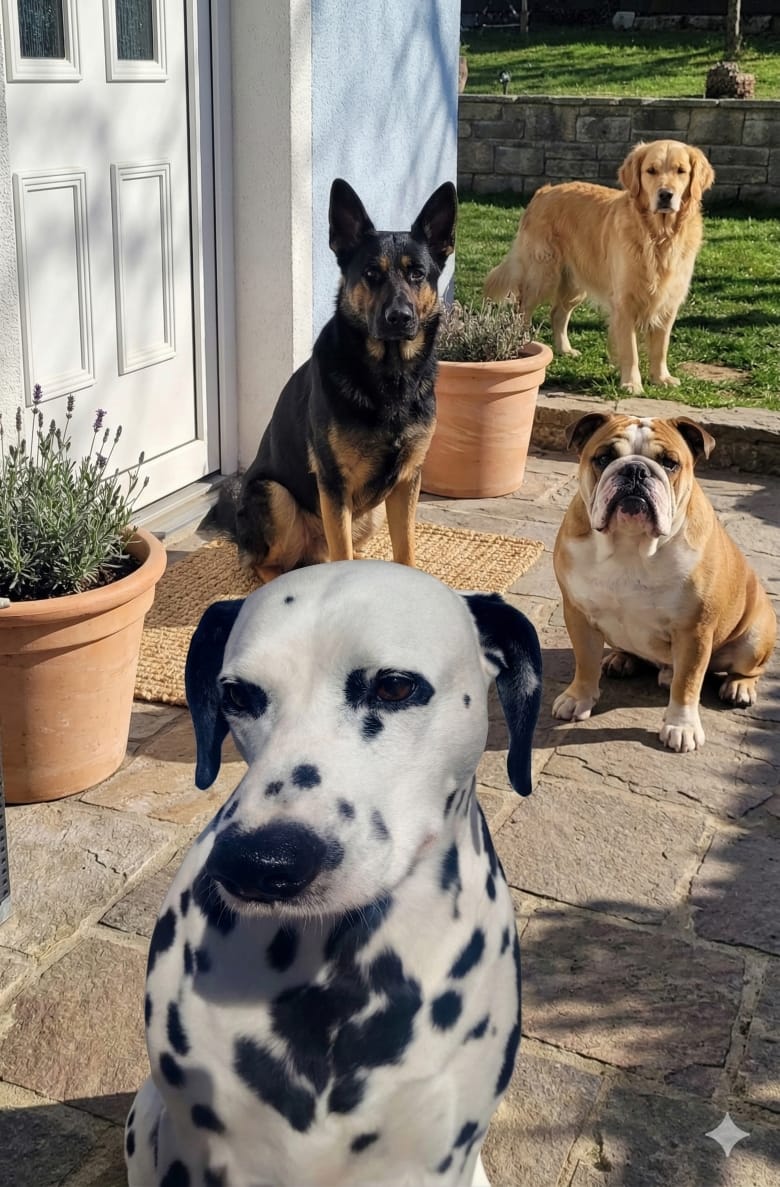 Dalmatiner Huendin Jina und eine Bulldogge sitzen entspannt im Garten fuer Praxis Tipps ueber Gelassenheit und den souveranen Umgang mit Angst beim Hundetraining