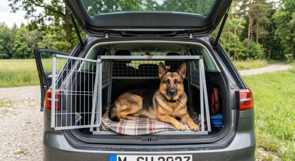 Schaeferhund liegt entspannt in Transportbox im Kofferraum fuer sichere und stressfreie Hunde auf Reisen