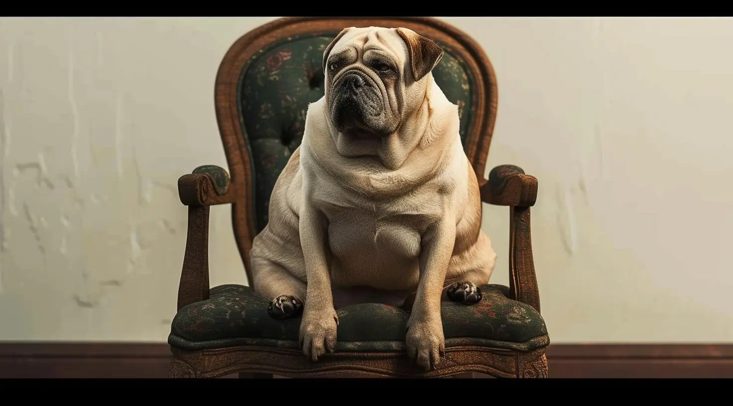 Dicke Bulldogge sitzt auf Sessel - Uebergewicht beim Hund durch schlechtes Futter und versteckte Inhaltsstoffe vermeiden