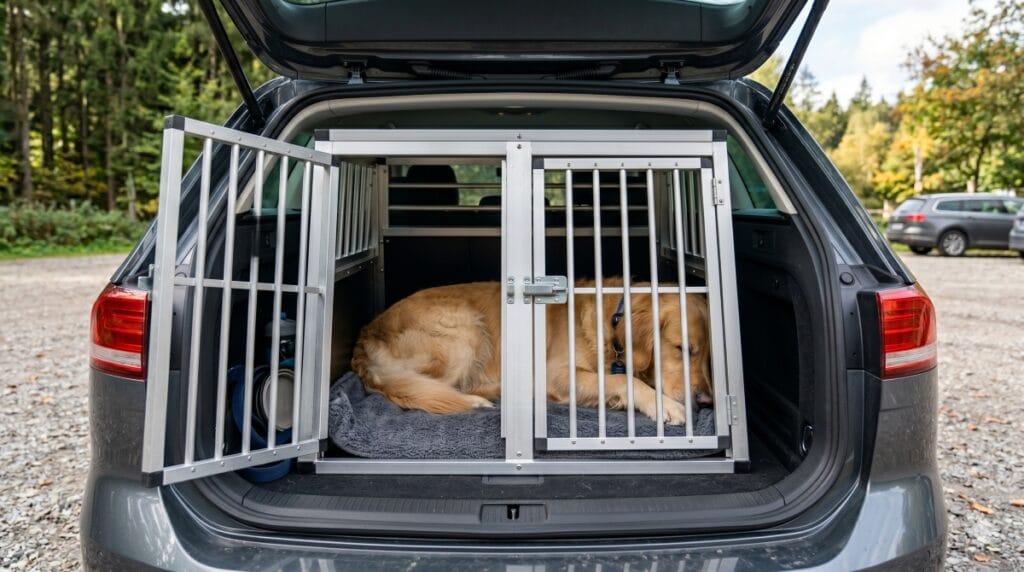 Golden Retriever schlaeft entspannt in einer sicheren Transportbox im Auto als Symbol fuer stressfreie Hunde auf Reisen