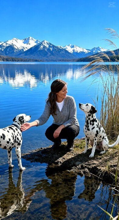 Hundeexpertin Yvonne mit ihren zwei Dalmatinern an einem idyllischen See als Symbol fuer einen stressfreien und souveranen Urlaub mit Hund