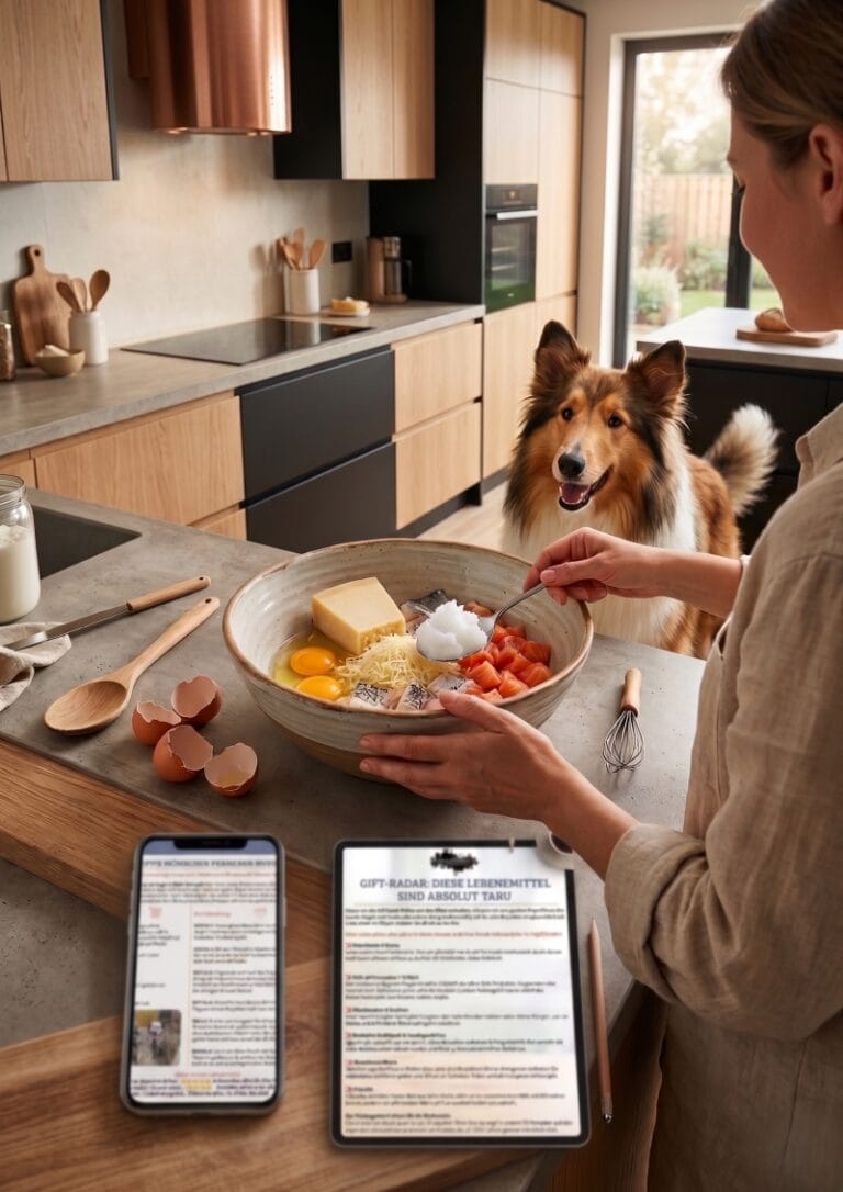 Frau bereitet in einer modernen Kueche gesunde Hundesnacks zu waehrend ein Collie Hund zuschaut und das digitale Pfotenportal Rezeptbuch auf Handy und Tablet geoeffnet ist