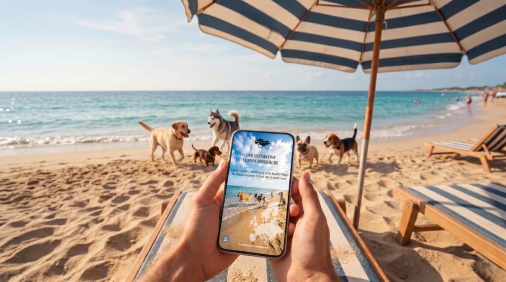 Handy am Strand zeigt den Premium EU Reiseguide von pfotenportal passend zur Warnung vor Halbwissen bei der Einreise beim Reisen mit Hund