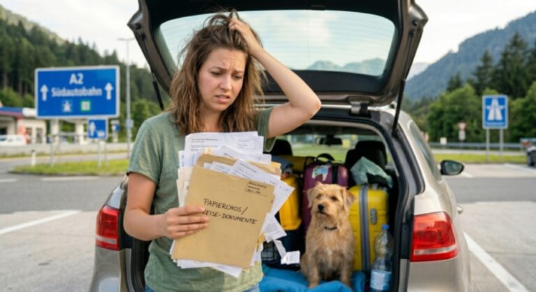 Gestresste Hundehalterin steht mit unuebersichtlichem Zettelchaos am offenen Kofferraum neben ihrem Hund beim Start in den Urlaub
