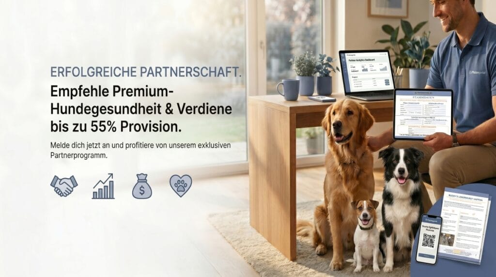 Hundeexperte im Buero mit drei Hunden und digitalen Pfotenportal Produkten als Symbol fuer das lukrative B2B Partnerprogramm