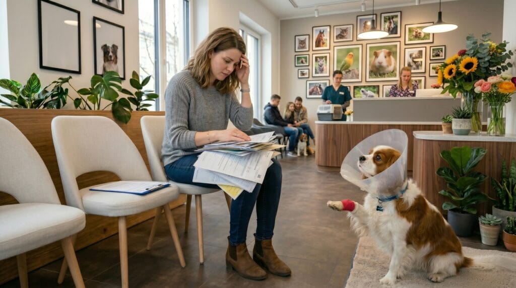 Verzweifelte junge Frau mit Hund am unordentlichen Empfangstresen beim Tierarzt. Sie sucht verzweifelt in stapelweise Dokumenten, Krankenakten und Hunde-Ordnern nach dem richtigen Papier.
