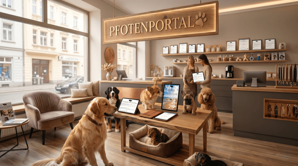 Hunde in einem modernen Pfotenportal Shop mit Tablets auf einem Holztisch als Symbol fuer die Premium Welt und digitale Guides