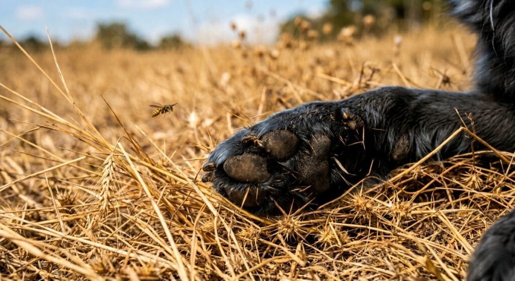Ein Hund läuft im Sommer durch hohes, trockenes Gras, wo gefährliche Grannen und Insekten lauern.