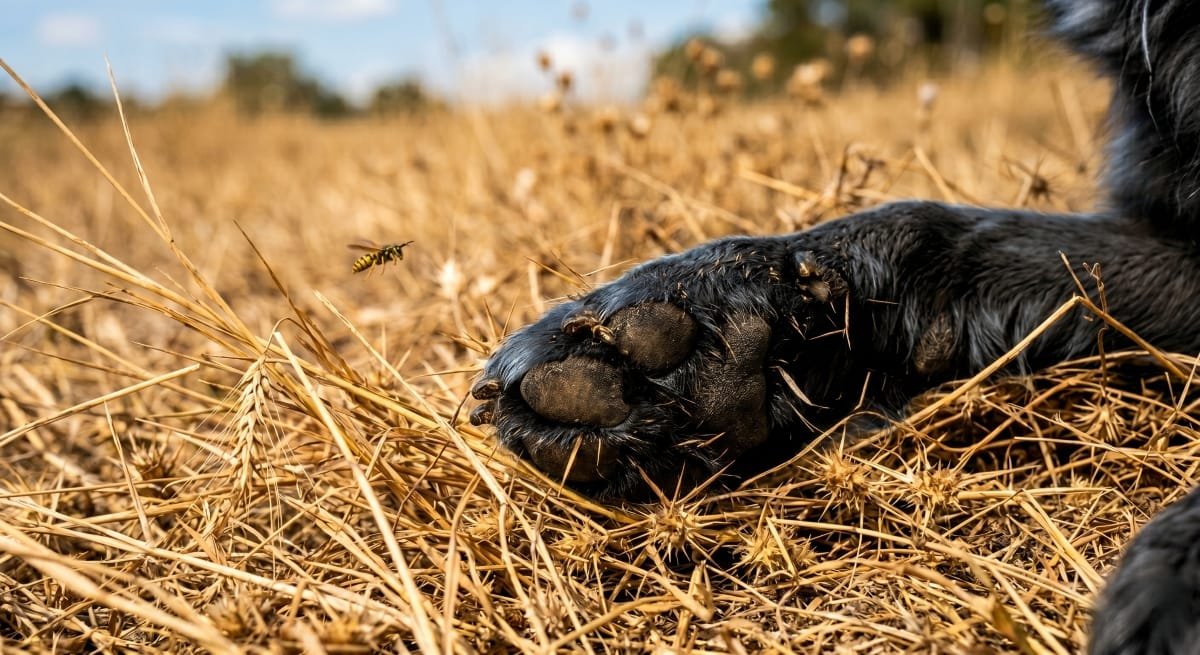 Ein Hund läuft im Sommer durch hohes, trockenes Gras, wo gefährliche Grannen und Insekten lauern.