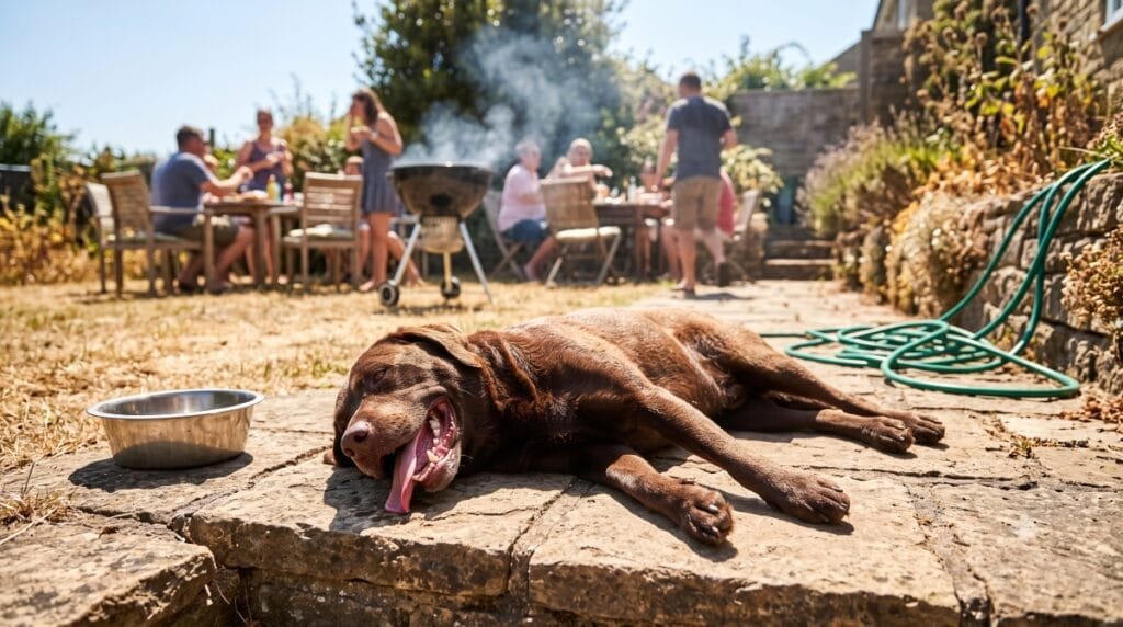 Ein hechelnder Hund liegt im Sommer im Garten und leidet unter extremer Hitze.