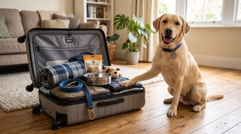 Ein Hund sitzt neben einem gepackten Koffer mit der perfekten Hunde-Packliste für den Urlaub.