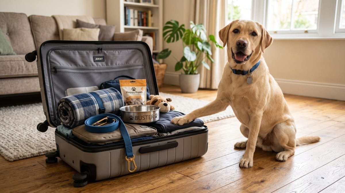 Ein Hund sitzt neben einem gepackten Koffer mit der perfekten Hunde-Packliste für den Urlaub.