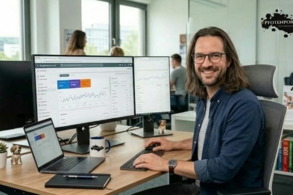 Portrait von Lukas Data dem Analyst und SEO Revisor am Schreibtisch im Team von Pfotenportal