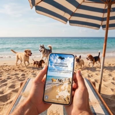 Handy am Strand zeigt den Premium EU Reiseguide von pfotenportal passend zur Warnung vor Halbwissen bei der Einreise beim Reisen mit Hund