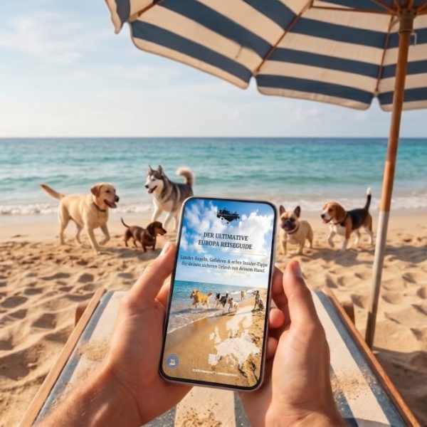 Handy am Strand zeigt den Premium EU Reiseguide von pfotenportal passend zur Warnung vor Halbwissen bei der Einreise beim Reisen mit Hund