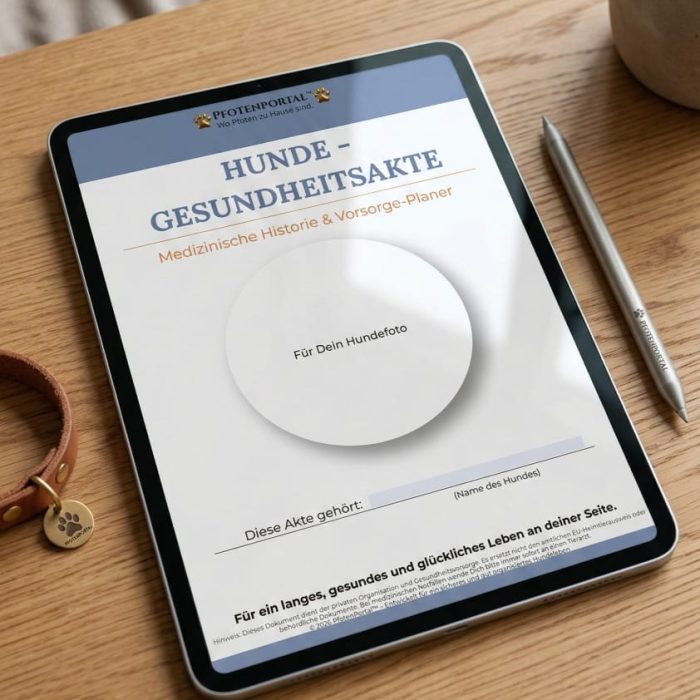 Tablet zeigt das digitale Deckblatt der Hunde Gesundheitsakte von Pfotenportal neben einem Hundehalsband auf einem Holztisch als Sorgenfrei Upgrade