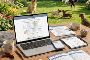 Umfangreiches Pfotenportal Premium Sicherheits Bundle mit digitaler Gesundheitsakte auf Laptop und Tablet sowie gedruckten Notfallkarten auf einem Holztisch waehrend Hunde spielen