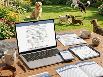 Umfangreiches Pfotenportal Premium Sicherheits Bundle mit digitaler Gesundheitsakte auf Laptop und Tablet sowie gedruckten Notfallkarten auf einem Holztisch waehrend Hunde spielen