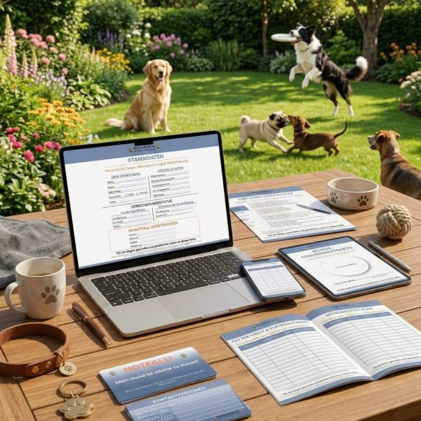 Umfangreiches Pfotenportal Premium Sicherheits Bundle mit digitaler Gesundheitsakte auf Laptop und Tablet sowie gedruckten Notfallkarten auf einem Holztisch waehrend Hunde spielen