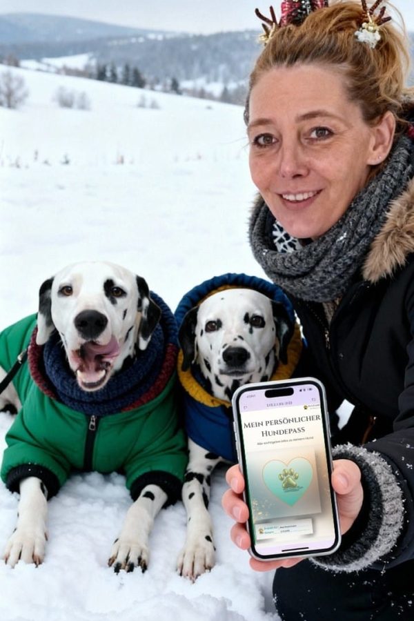 Yvonne vom Pfotenportal.at zeigt den digitalen Pfotenportal Hundepass offline auf dem Smartphone im Schnee mit den Dalmatinern Buddy und Jina