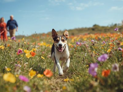 Ein glücklicher und gesund wirkender Hund mit hellem Fell rennt unbeschwert über eine bunte Blumenwiese unter klarem Himmel. Die Experten-Empfehlung für weltweiten Tierarzt- und Krankenschutz im Urlaub auf pfotenportal.at.