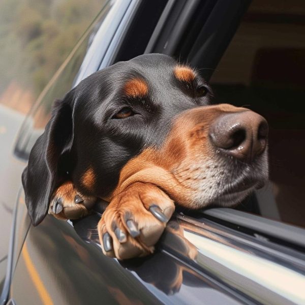 Hund legt seinen Kopf auf ein Autofenster
